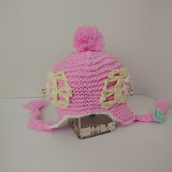 Handmade Crochet Pastel Beanie Winter Hat Child / Small Adult Tassels Flowers #5 - Picture 4 of 4